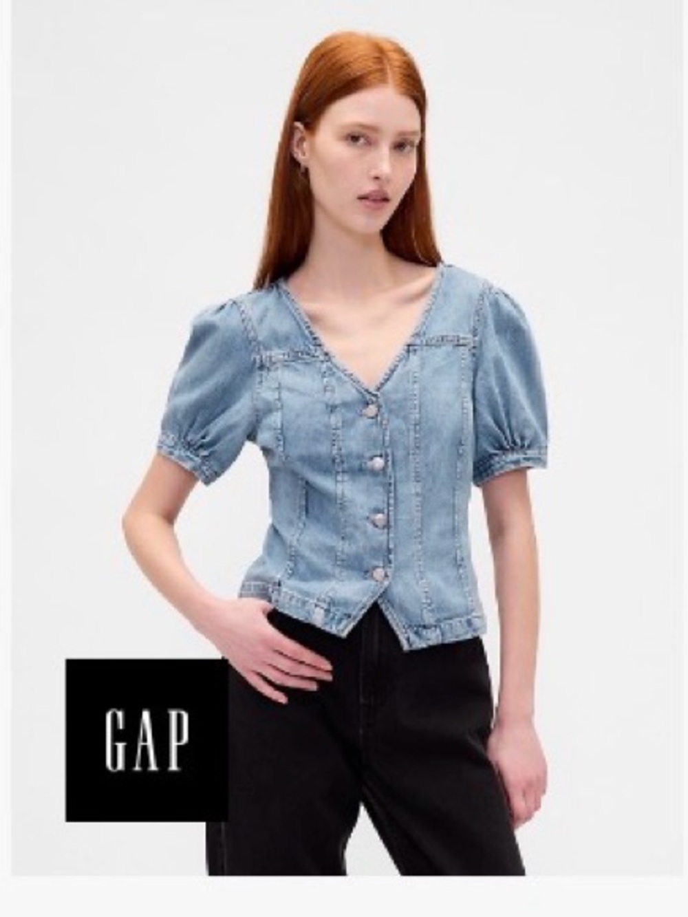 GAP Light Blue Denim V-Neck Button Front Puff Sleeve Top